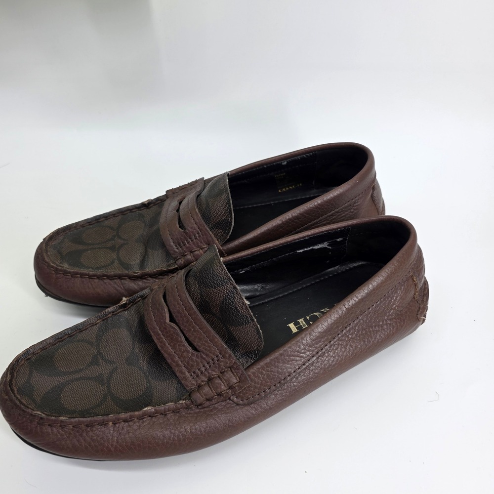 Coach Mens Signature Canvas Pebble Leather Penny Loafers Brown Driving Mocs 8D - Picture 10 of 11
